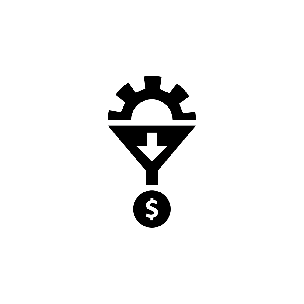 Funnel with a settings icon going in the top and emerging from the bottom as a dollar sign.